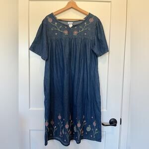 Vtg Vicki Wayne embroidered denim cottagecore peasant prairie midi dress Sz L